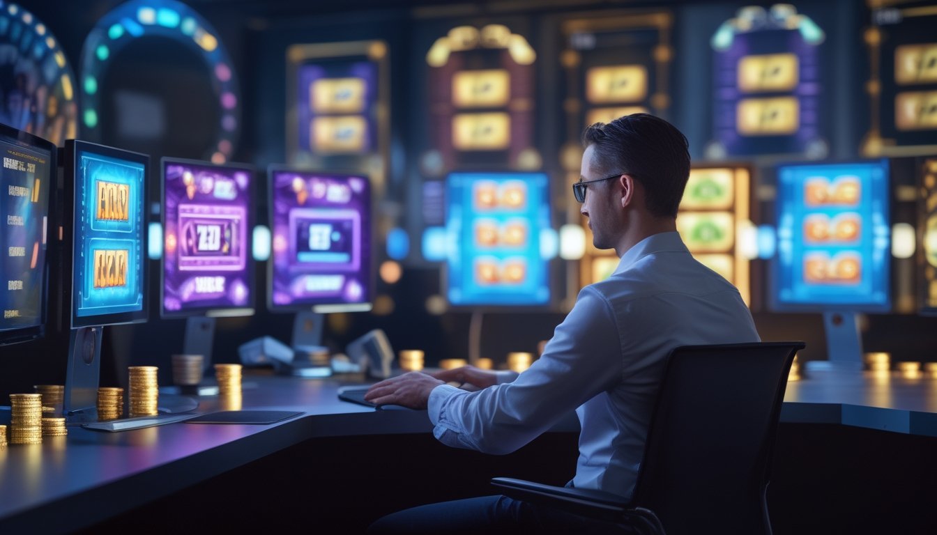 Seorang analis dewasa membandingkan tampilan permainan slot dan data performa di beberapa monitor.
