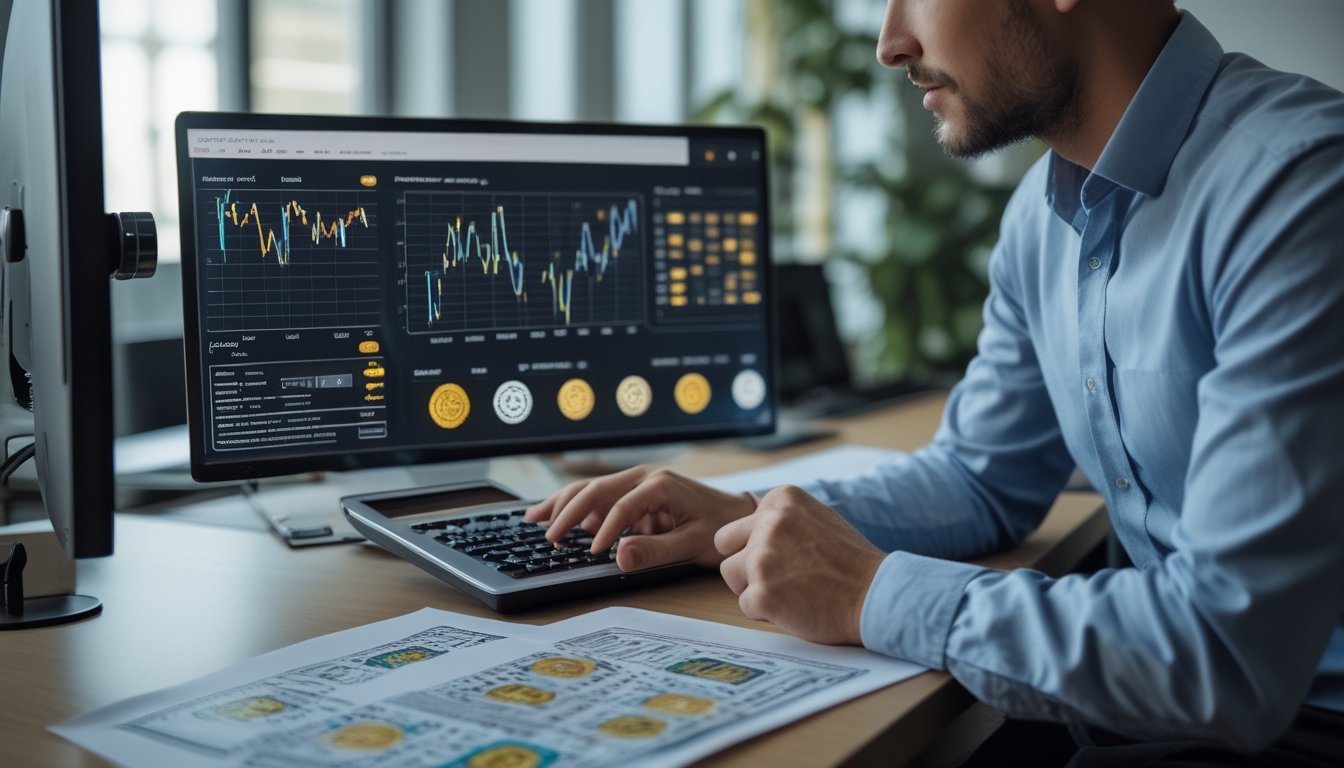Seorang analis mempelajari grafik dan simbol mesin slot di meja kerja modern.
