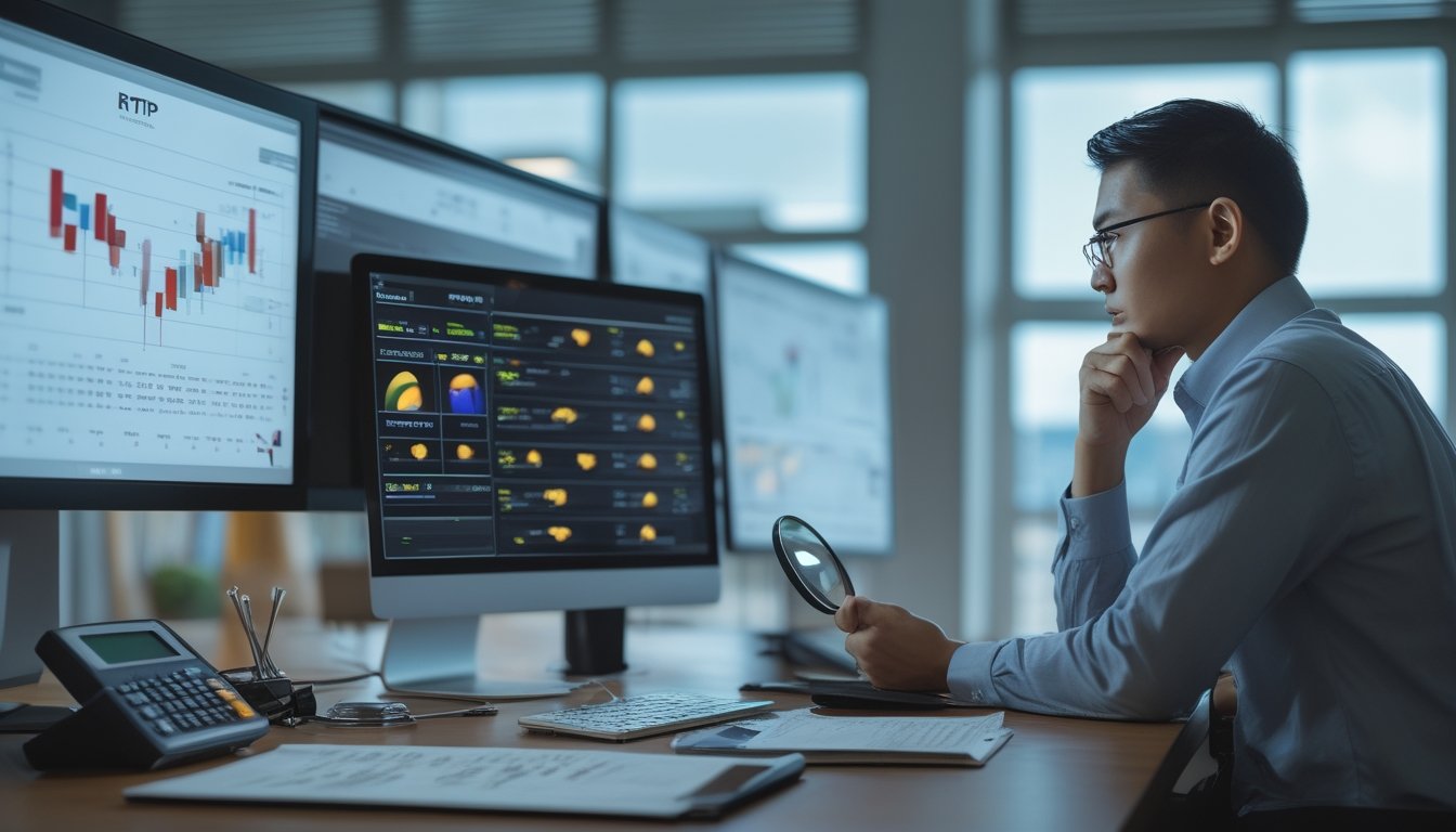 Seorang analis memeriksa grafik probabilitas dan data permainan slot di kantor modern.