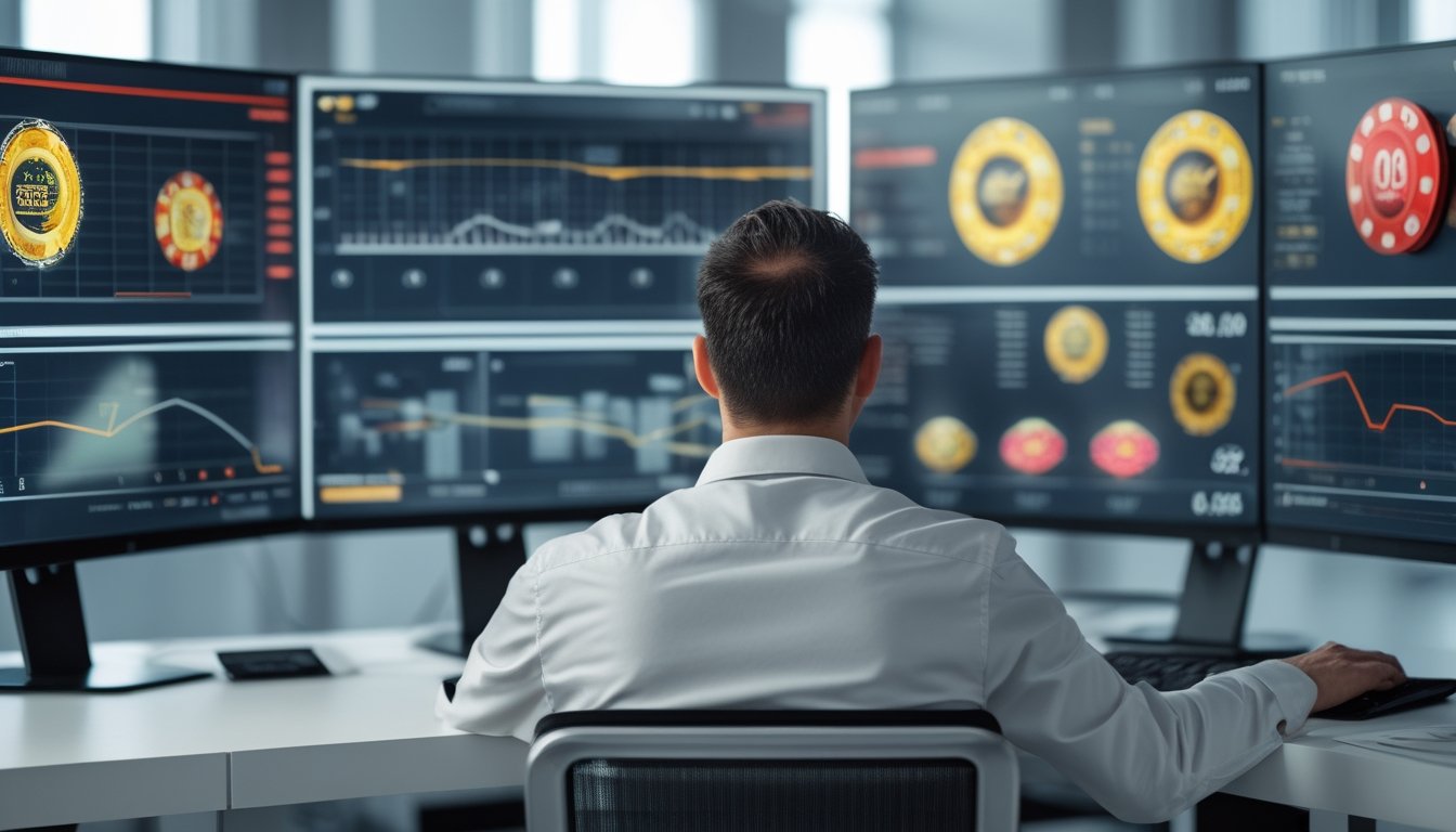 Seorang analis memeriksa grafik probabilitas permainan slot di beberapa monitor.