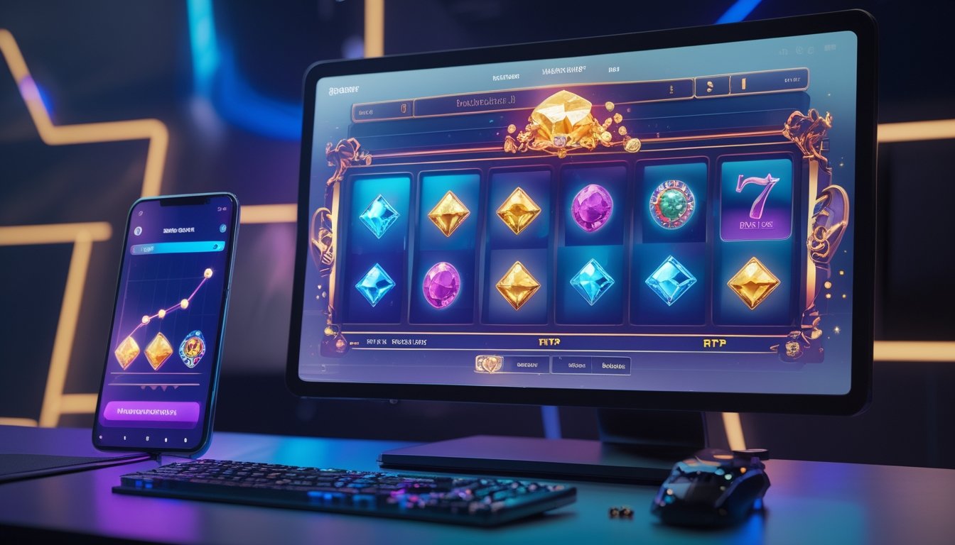 Monitor dan ponsel menampilkan permainan slot digital berwarna-warni di atas meja modern dengan pencahayaan neon.