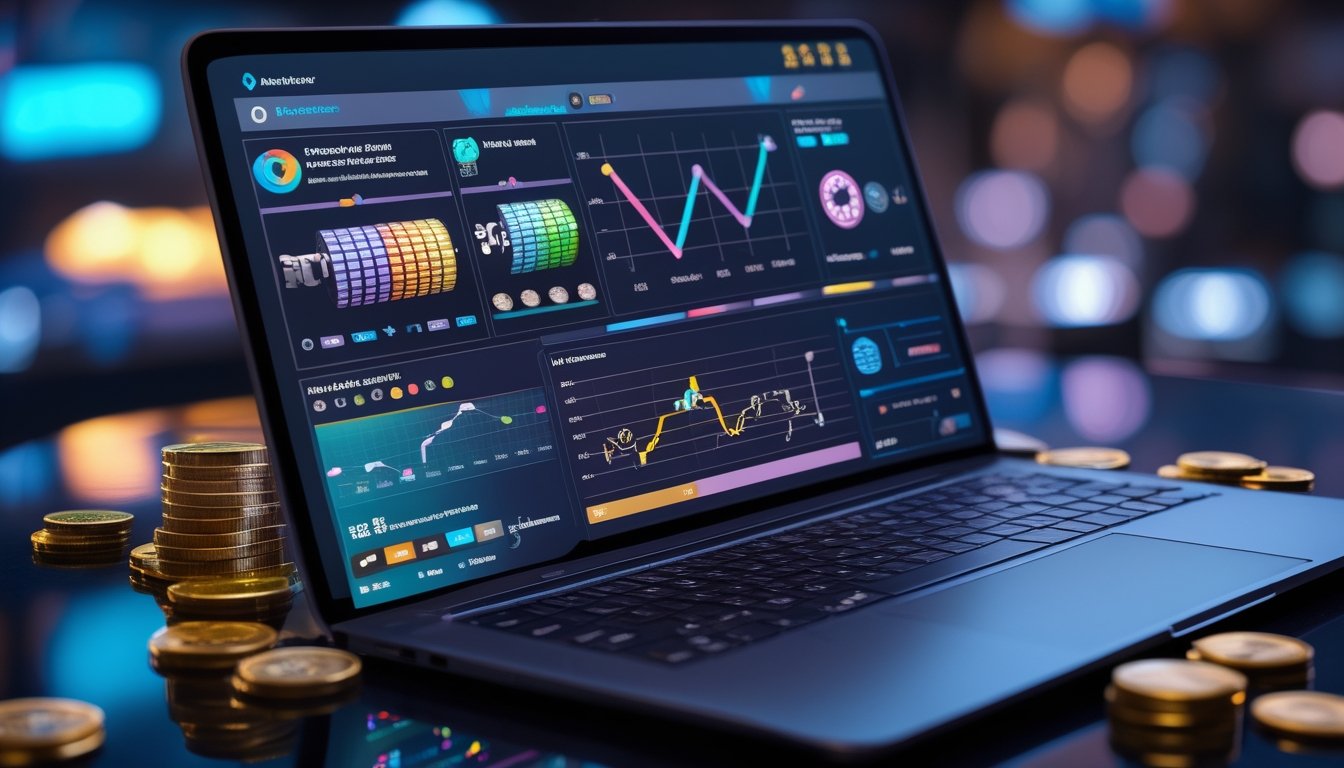 Laptop dan ponsel menampilkan analisis visual permainan slot dengan grafik, dikelilingi koin dan chip kasino di atas meja kaca.
