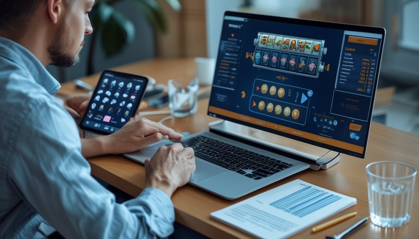 Orang dewasa mempelajari grafik kinerja permainan slot di laptop dengan suasana tenang dan tertata.