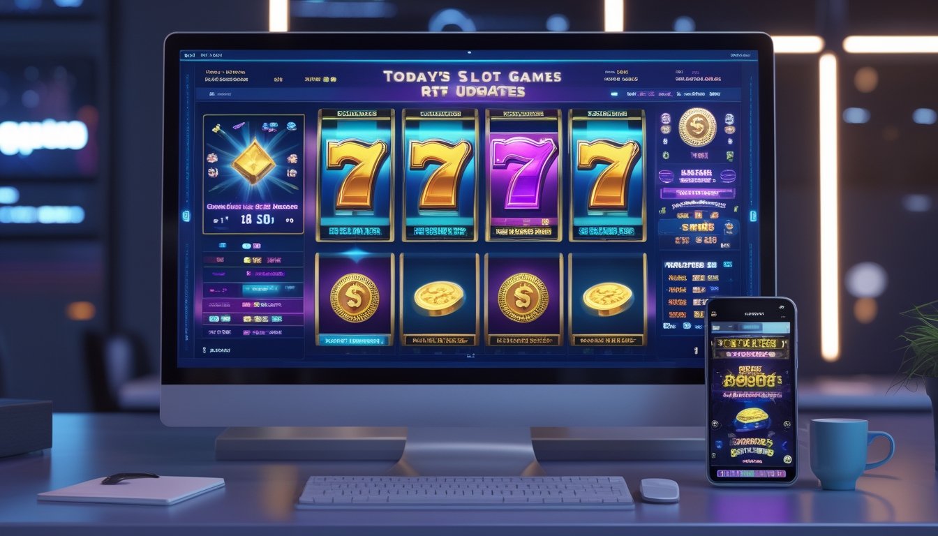 Monitor dan ponsel menampilkan antarmuka permainan slot abstrak dengan simbol bonus, koin emas, dan efek cahaya di atas meja kerja modern.