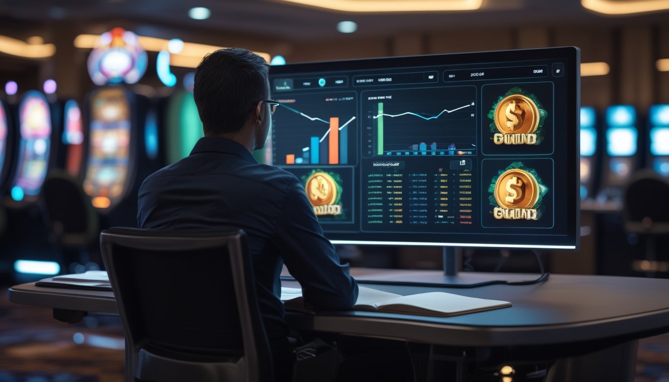 Seseorang menganalisis grafik dan fitur bonus permainan slot pada beberapa layar komputer.