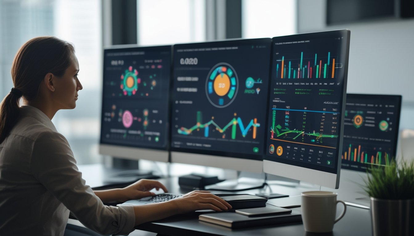 Seorang analis mempelajari grafik kinerja permainan digital pada beberapa monitor di ruang kerja modern.
