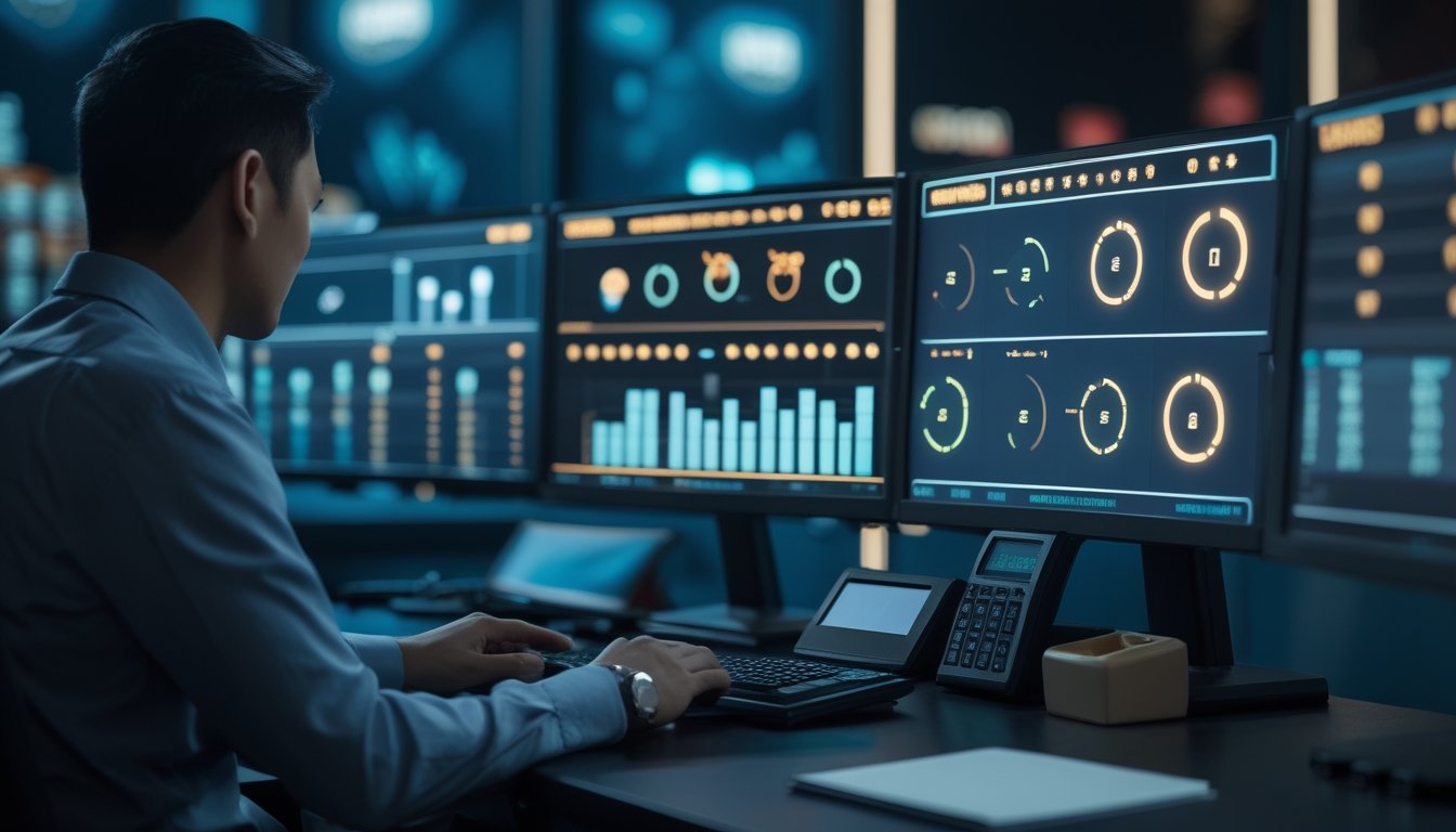 Seorang analis mempelajari grafik dan indikator persentase pada beberapa layar komputer di ruang kerja modern.