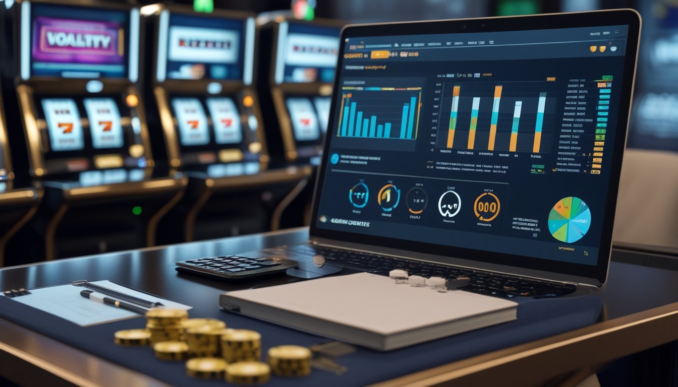 Meja analisis dengan mesin slot, laptop berisi grafik, kalkulator, dan keping permainan.