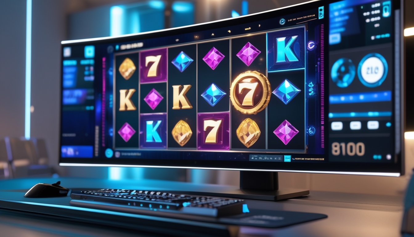 Monitor menampilkan permainan slot 3D bercahaya di meja gaming modern.