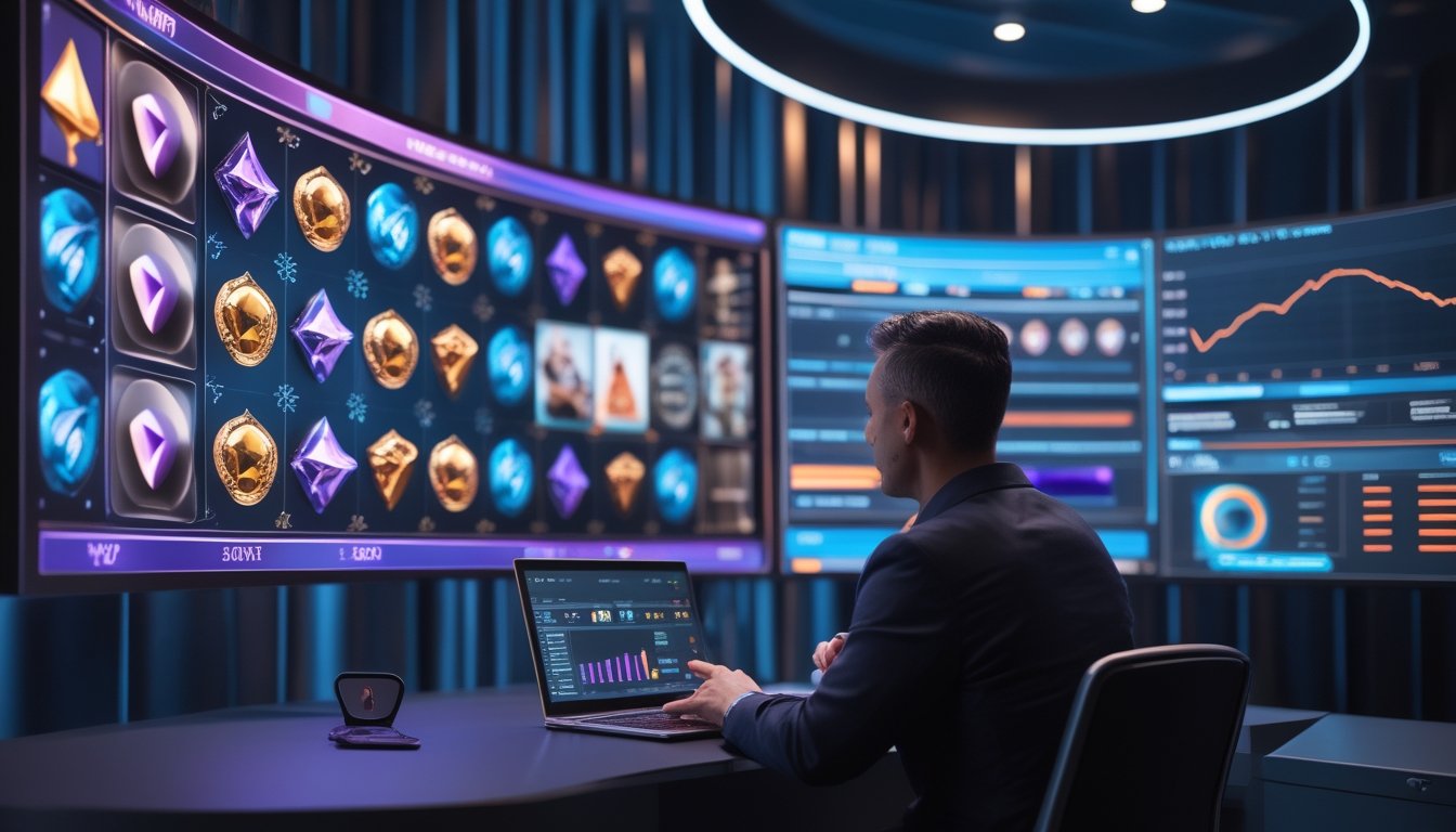 Analis teknologi menilai platform permainan slot 3D pada monitor modern dengan elemen keamanan digital.