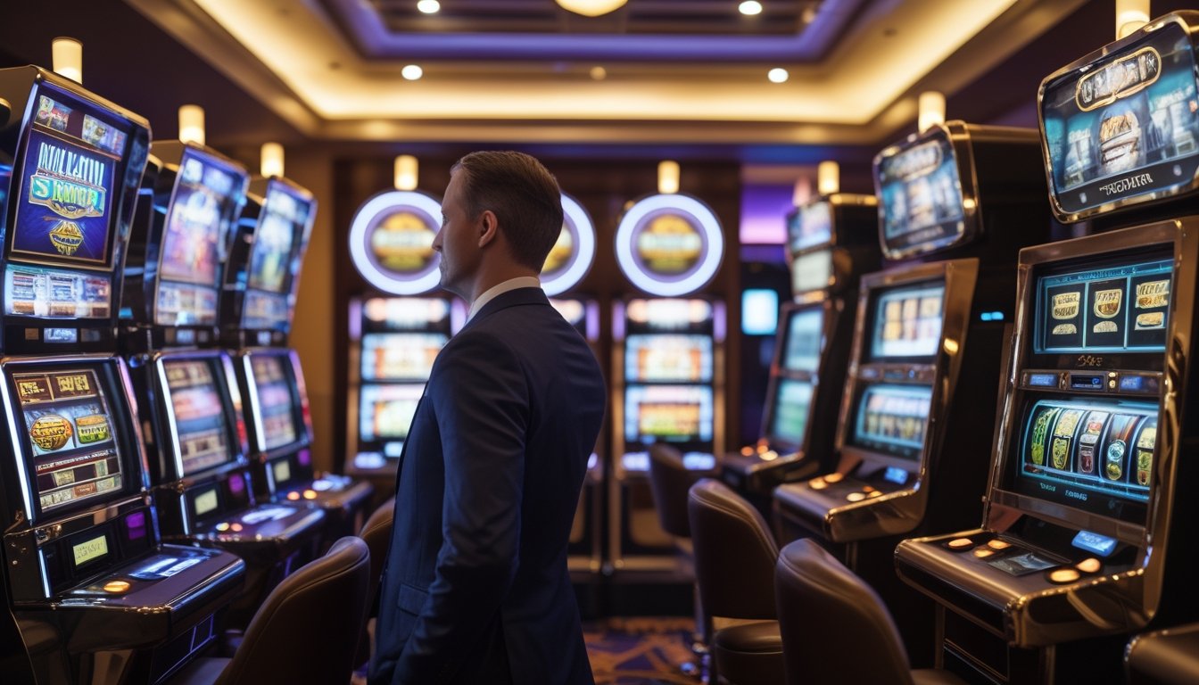 Seorang pemain membandingkan mesin slot 3D modern dengan mesin slot klasik di lingkungan kasino.