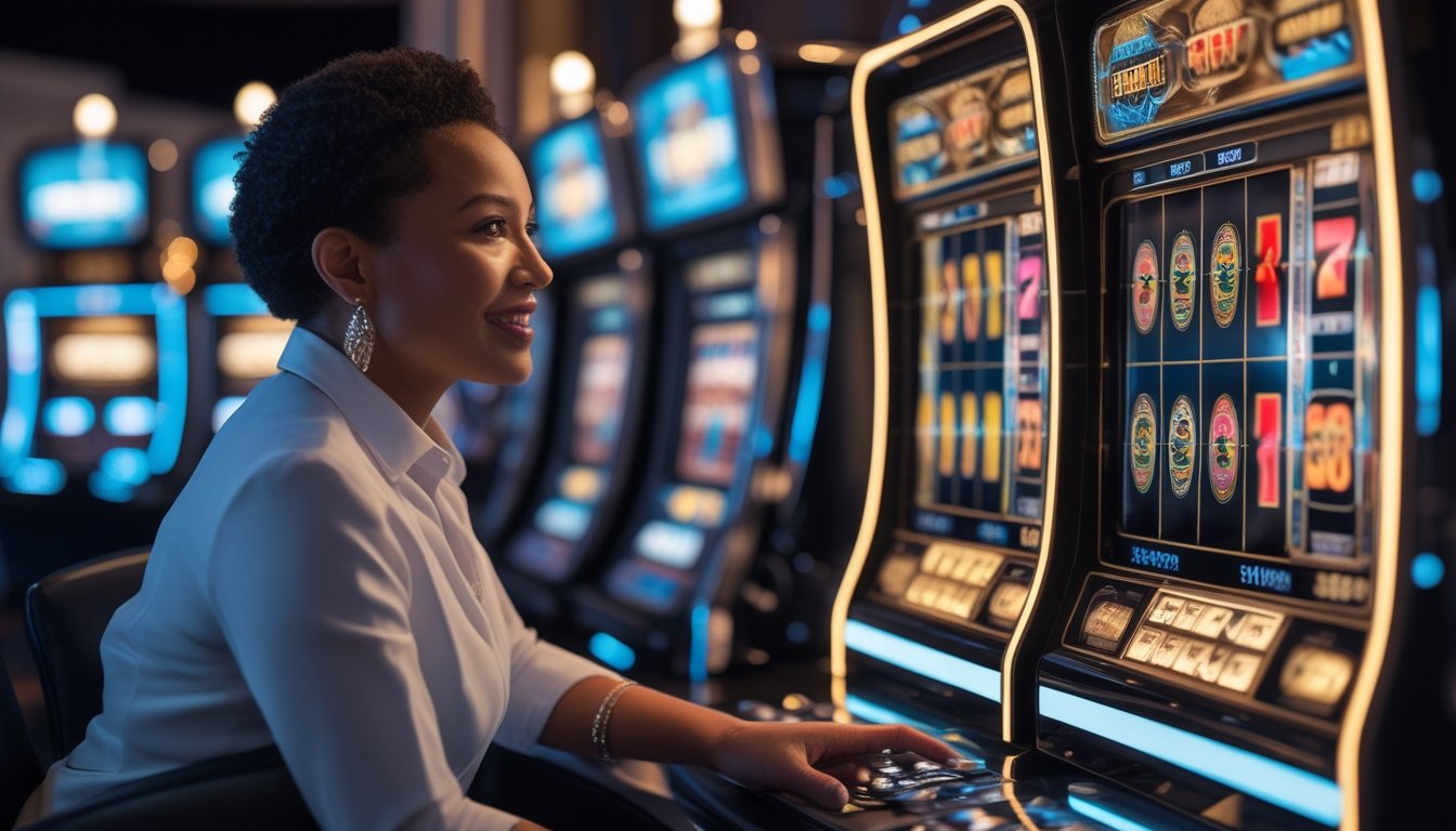 Seorang pemain menggunakan mesin slot 3D modern di samping mesin slot klasik dalam suasana kasino yang elegan.