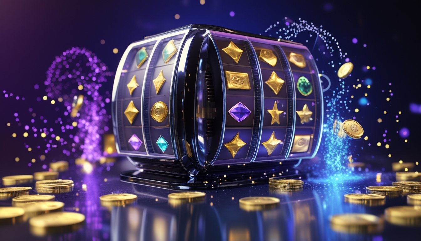 Mesin slot 3D futuristis dengan koin emas dan efek cahaya berkilau di lingkungan kasino modern.