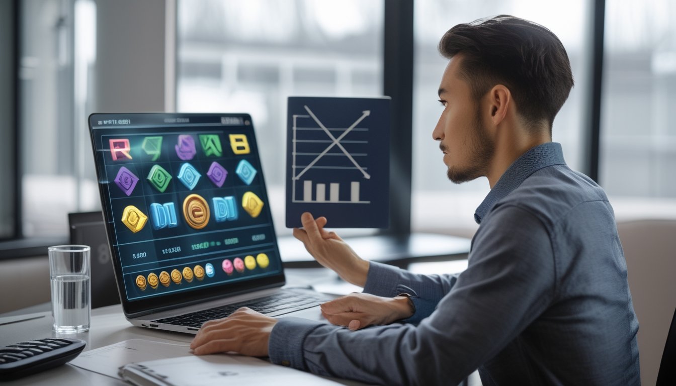 Seorang dewasa mempelajari tampilan permainan slot 3D abstrak di laptop sambil meninjau risiko dan anggaran.