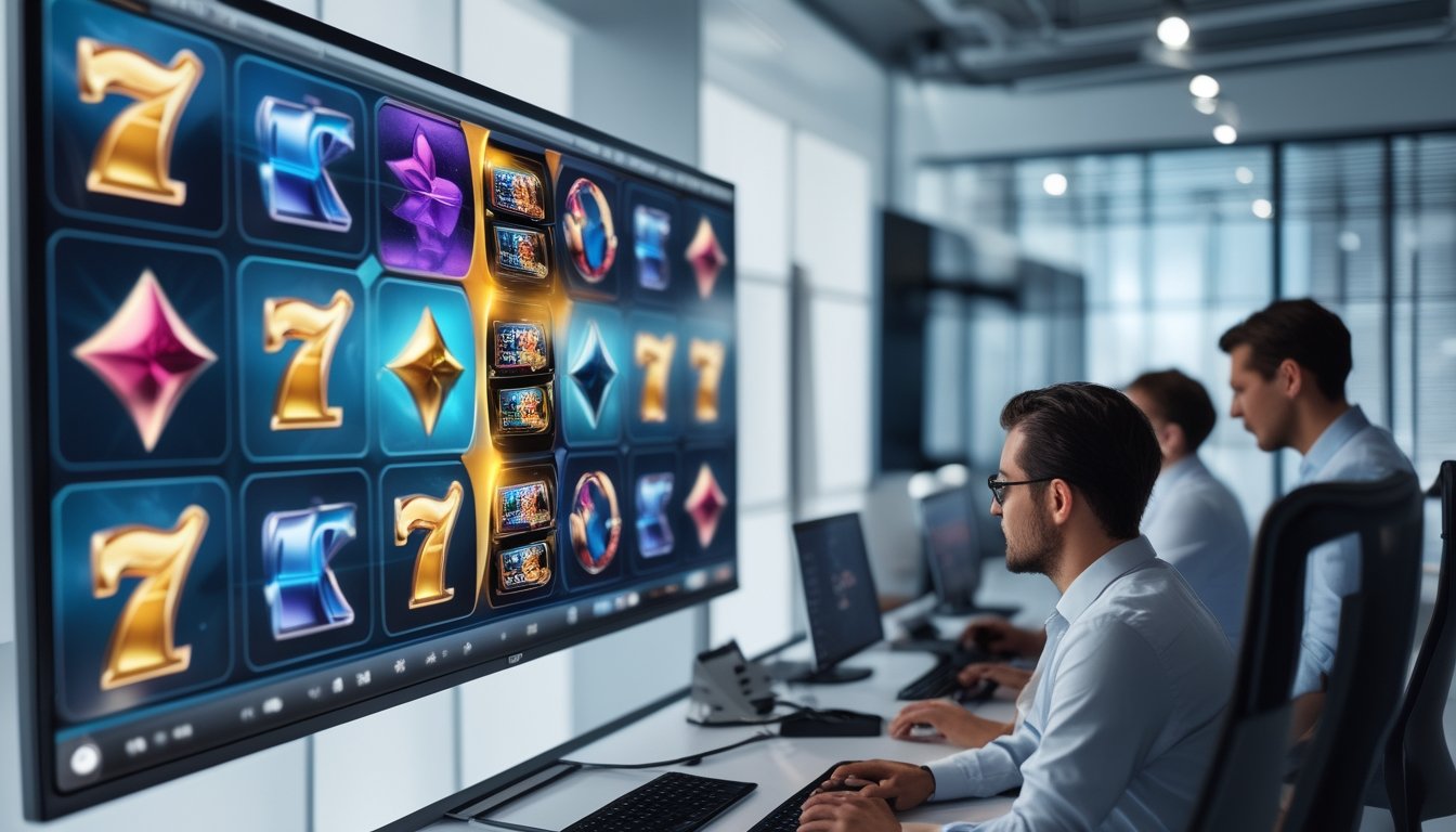 Tim pengembang bekerja di studio modern dengan layar besar yang menampilkan permainan slot 3D berwarna-warni dan efek animasi digital.