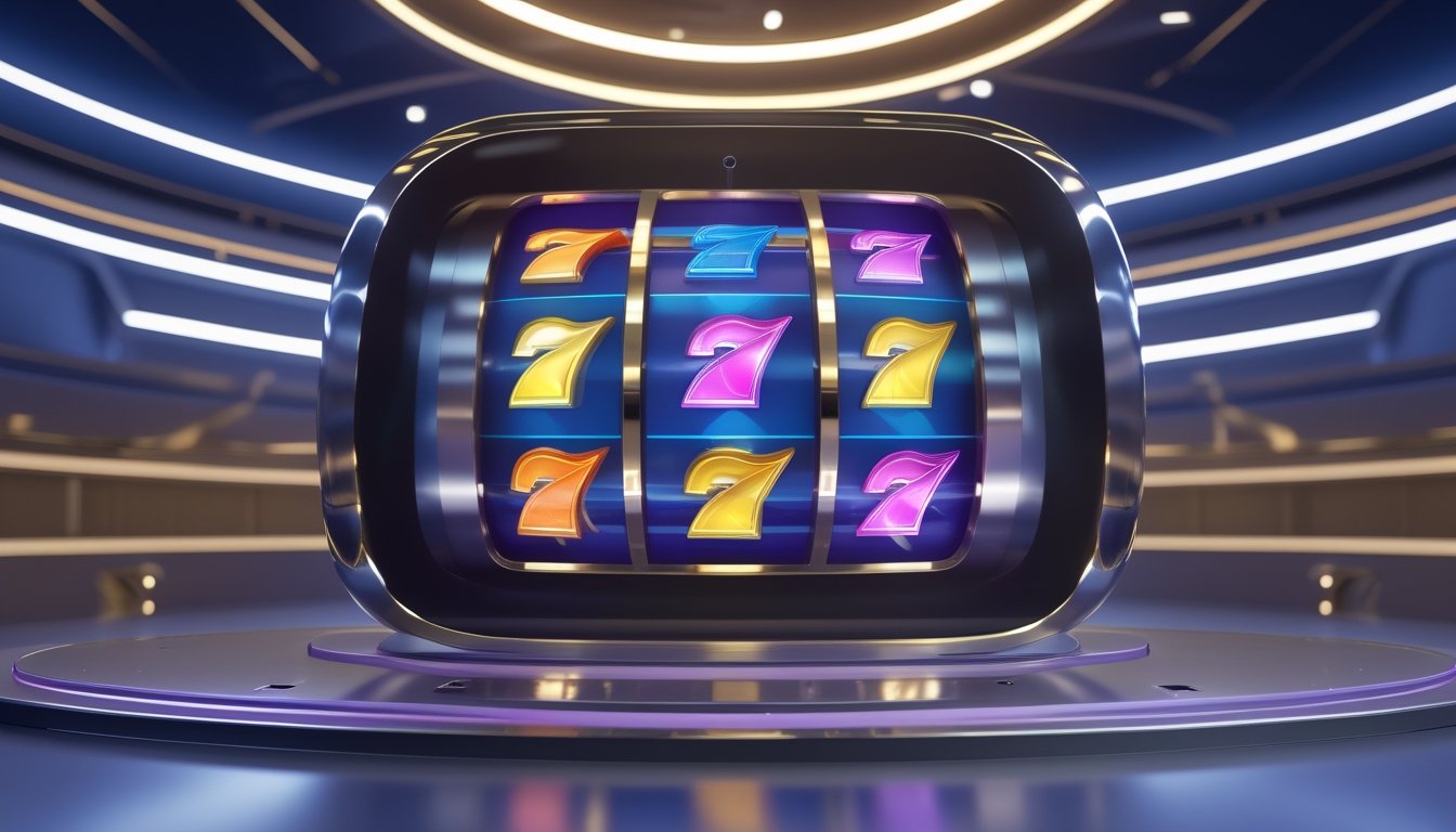Tampilan tiga dimensi permainan slot futuristik dengan gulungan bercahaya di dalam studio teknologi modern.