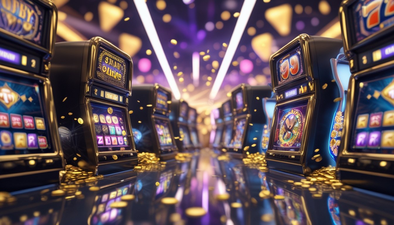 Kumpulan mesin permainan slot 3D berwarna-warni dengan koin emas dan efek cahaya yang meriah.