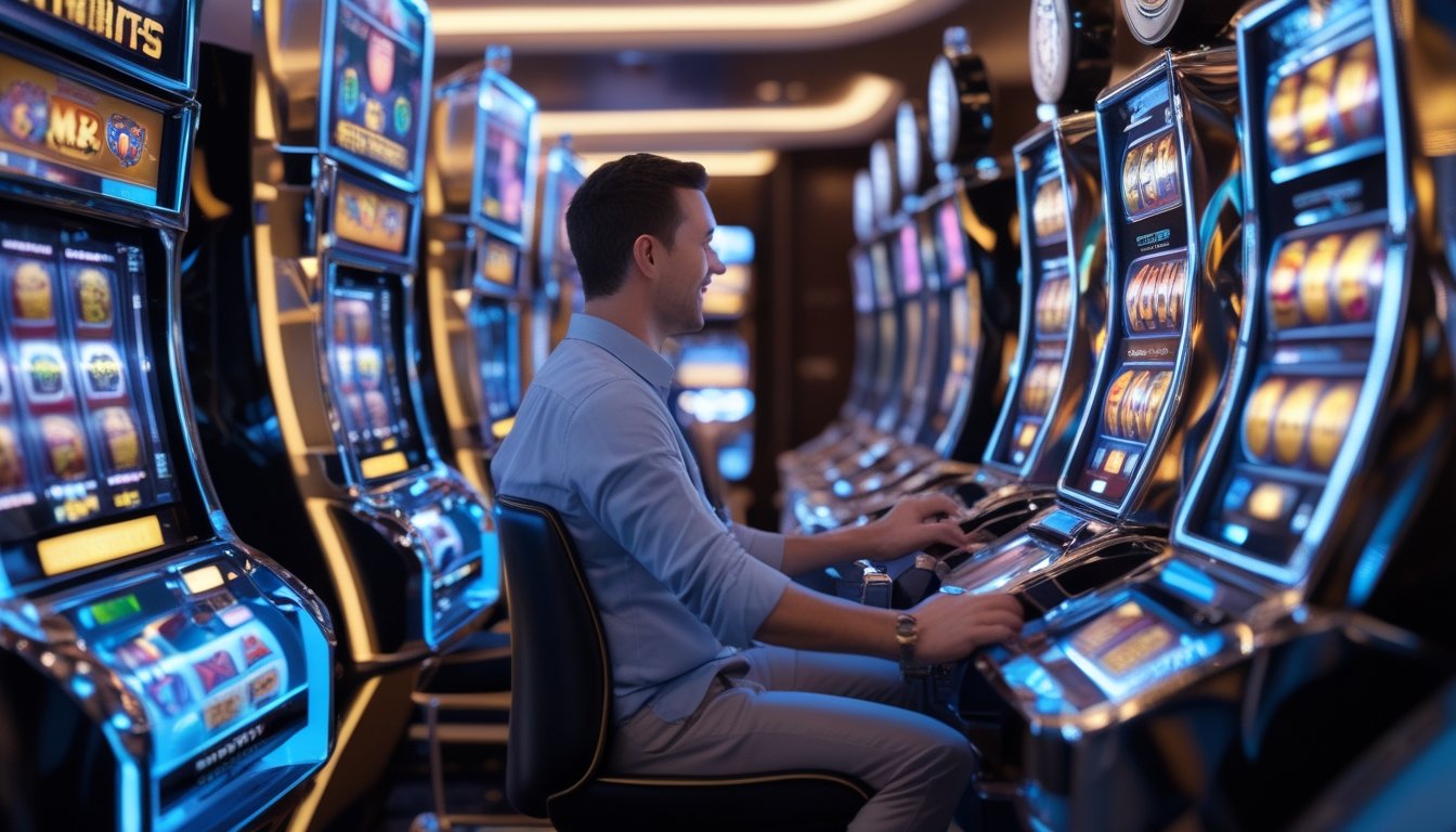 Pemain berada di depan mesin slot 3D bercahaya di dalam kasino modern.