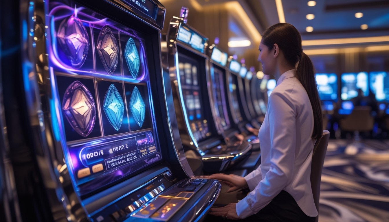 Seseorang memainkan mesin slot 3D bercahaya di ruang kasino modern.