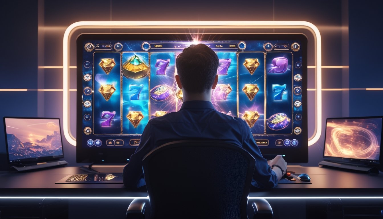 Seorang pemain menikmati permainan slot 3D bernuansa fantasi di ruang gaming dengan layar bercahaya dan efek visual sinematik.