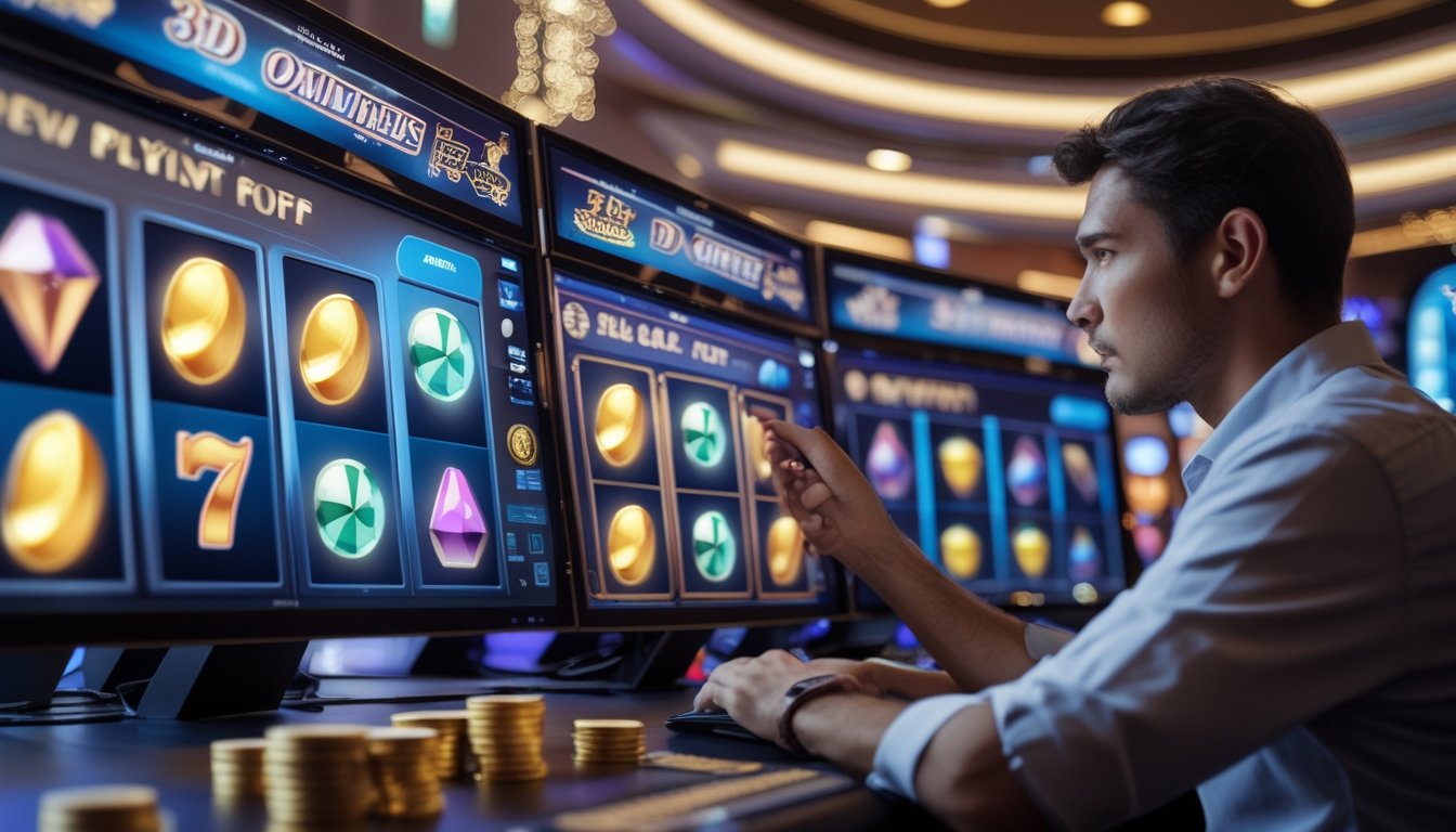 Pemain menganalisis beberapa permainan slot 3D di lingkungan kasino modern.