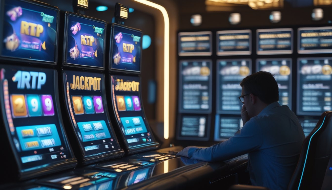 Pemain membandingkan beberapa permainan slot 3D di lingkungan kasino modern.