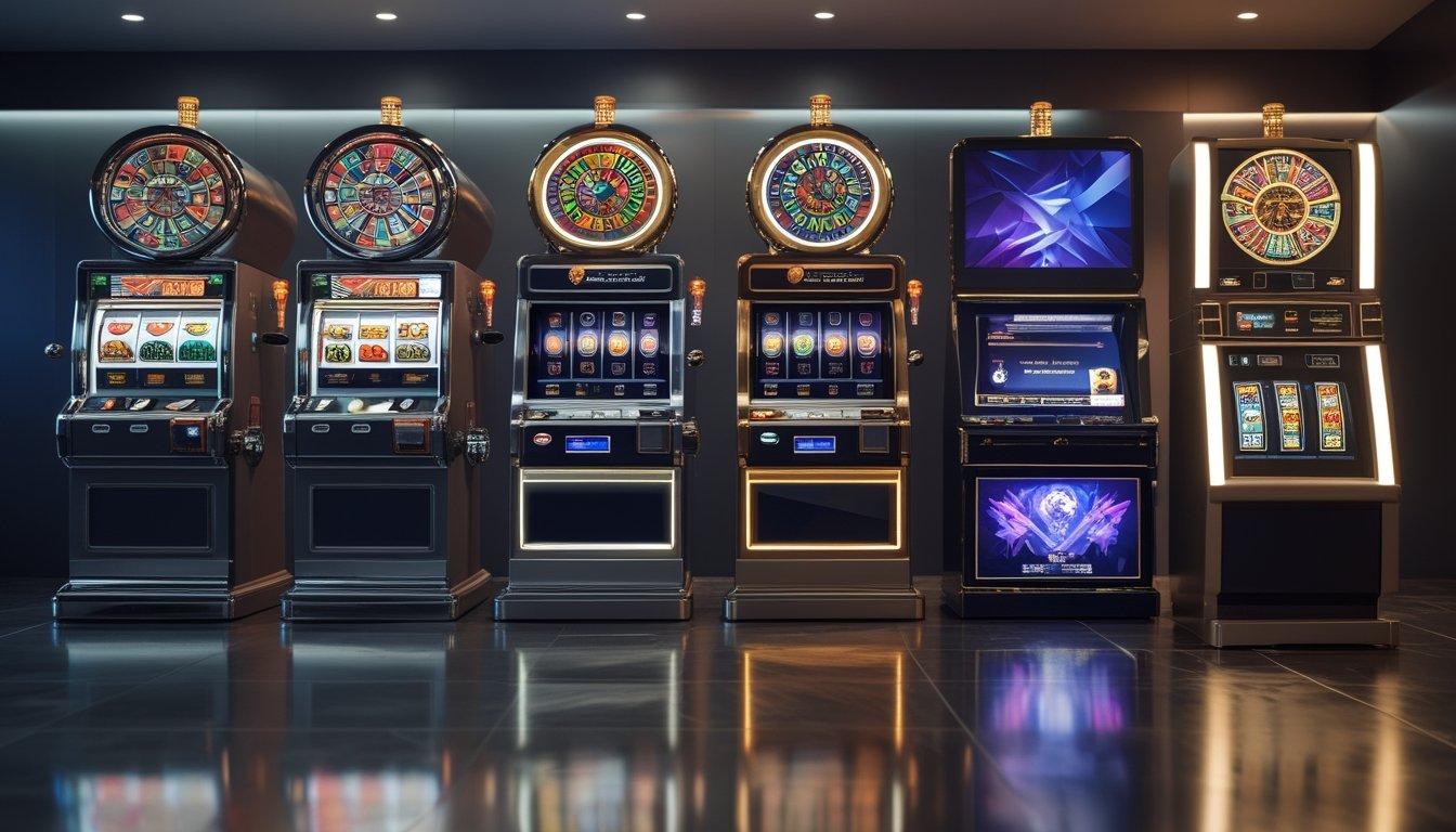 Deretan mesin perjudian yang menunjukkan perkembangan dari mesin slot klasik hingga mesin slot modern tiga dimensi.