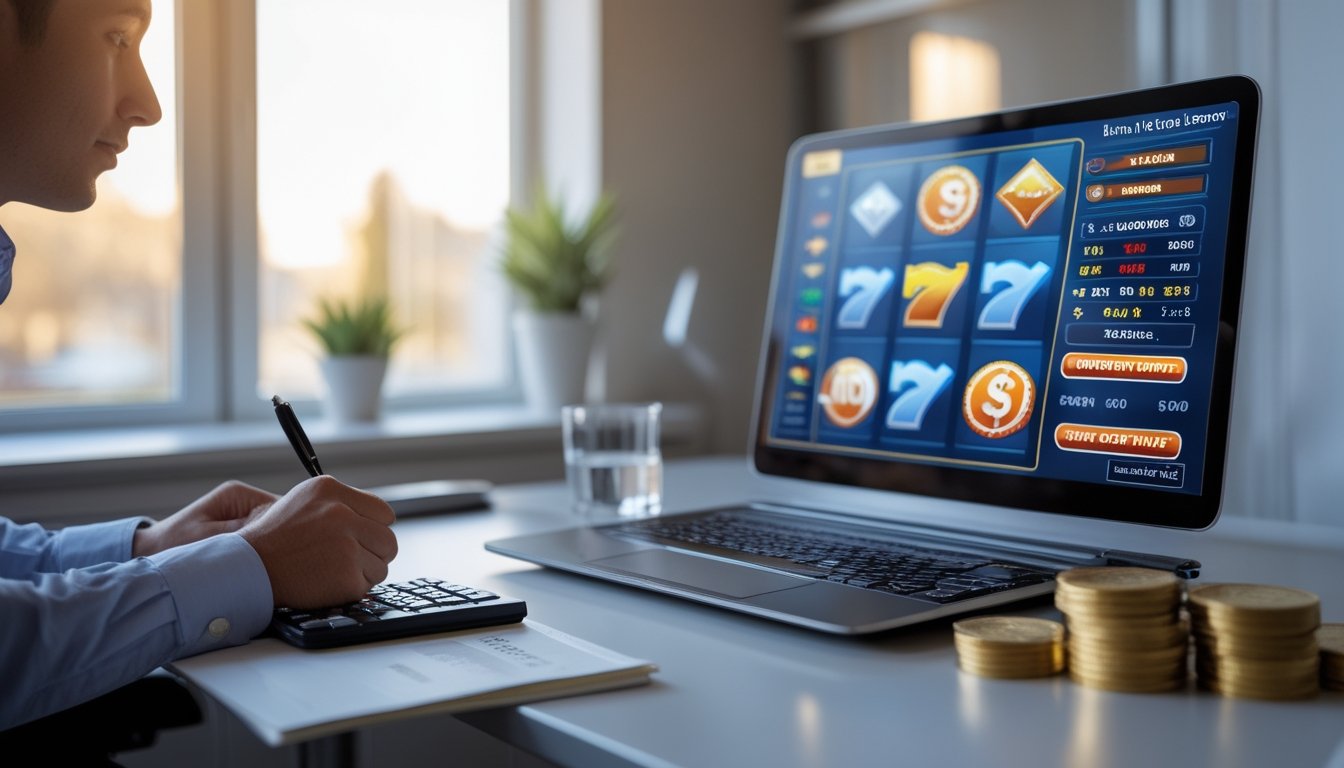 Seseorang mengatur anggaran dengan kalkulator dan catatan di samping laptop yang menampilkan permainan slot 3D.