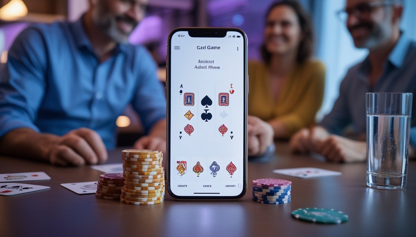 Ponsel pintar menampilkan permainan kartu abstrak di meja dengan kartu poker dan keping permainan, sementara dua orang dewasa berbincang di latar belakang.
