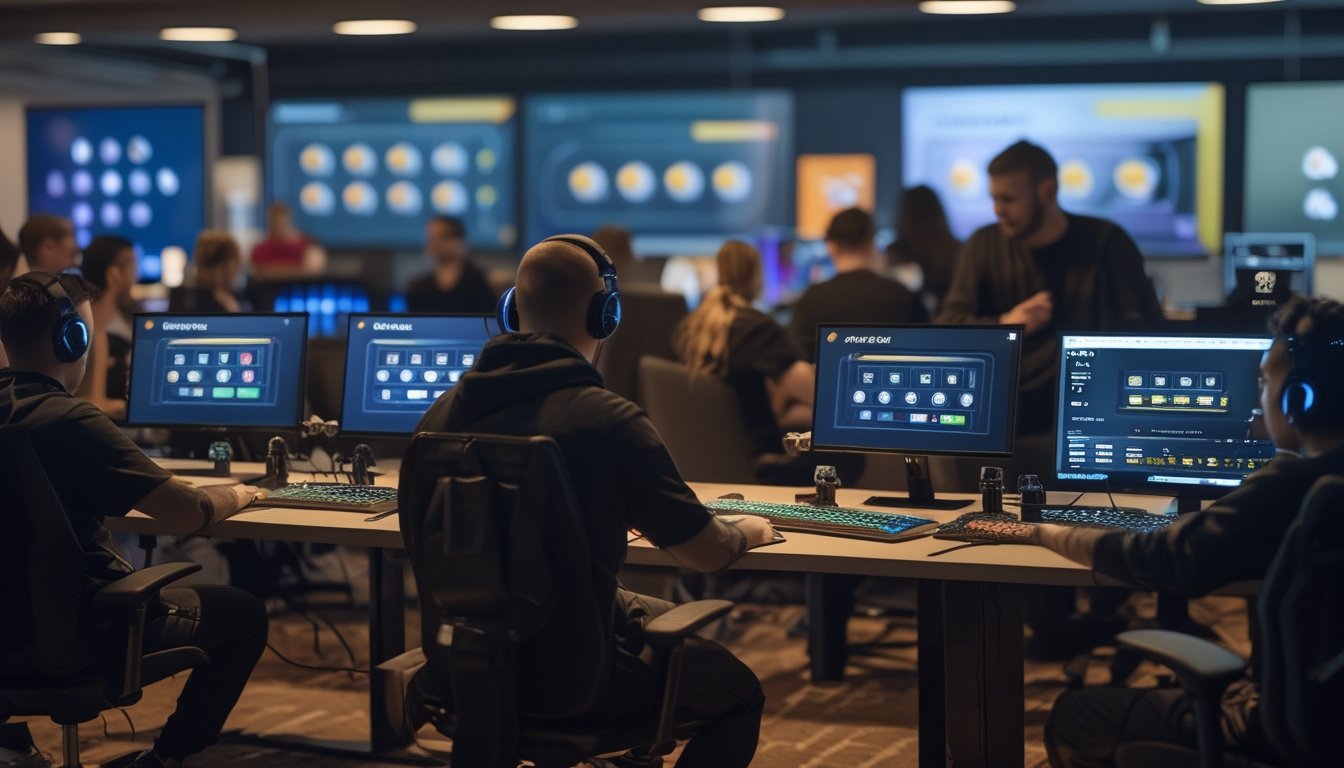 Sekelompok gamer dewasa bermain permainan kartu daring di ruang gaming modern dengan monitor, chip poker, dan suasana komunitas yang ramai.