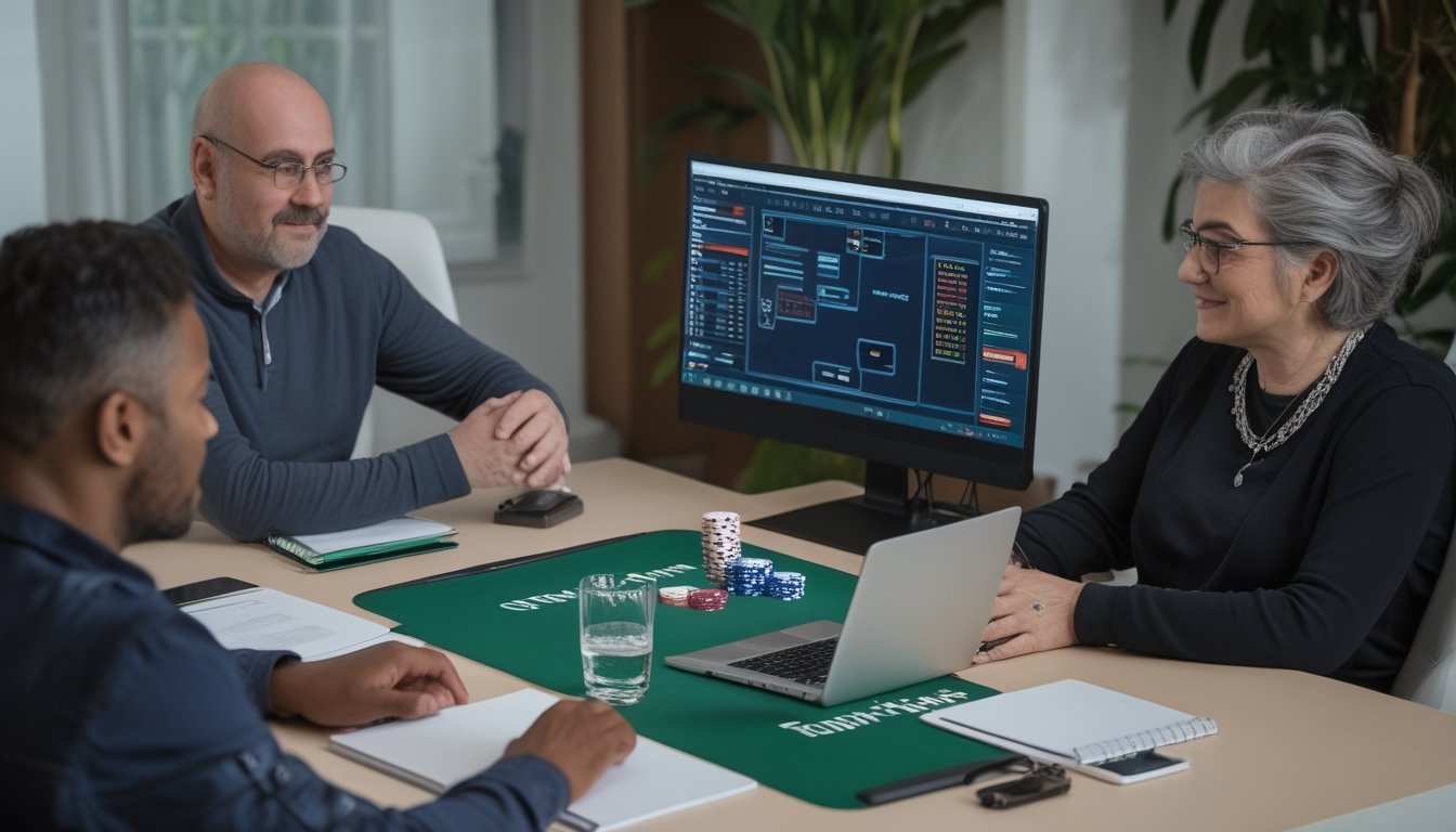Dua orang dewasa mengatur tumpukan chip poker secara tertib di meja dengan laptop dan catatan kosong.