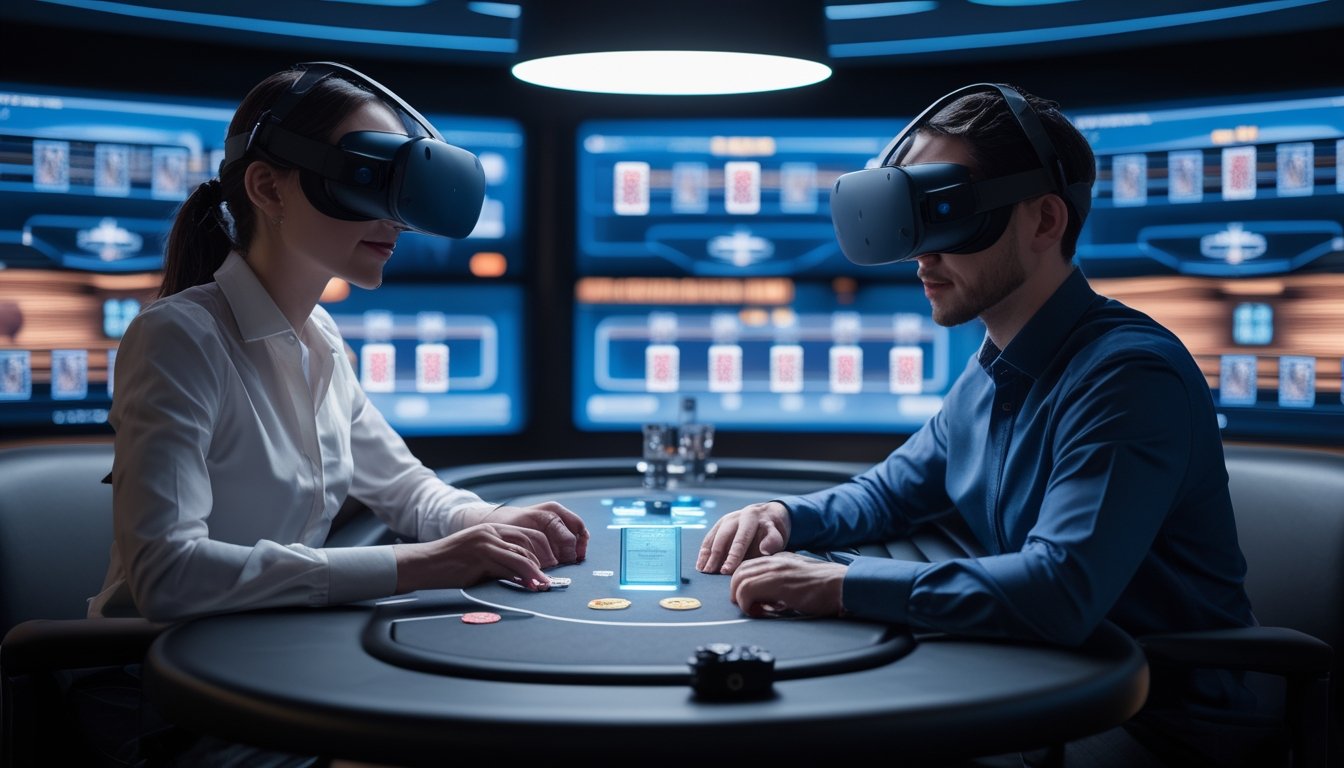 Dua orang dewasa memakai headset realitas virtual dan bermain poker di meja modern dengan elemen antarmuka holografis.
