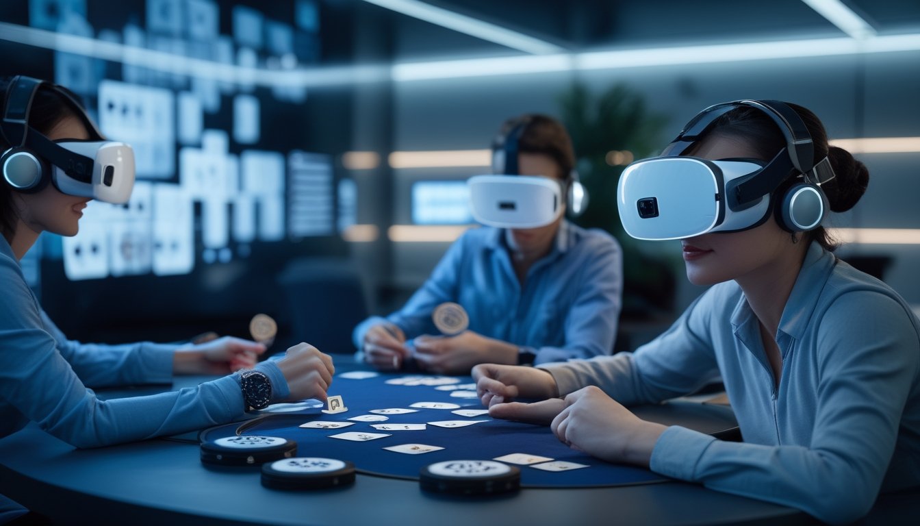 Beberapa orang dewasa mengenakan headset realitas virtual dan bermain poker secara interaktif di ruang hiburan modern.