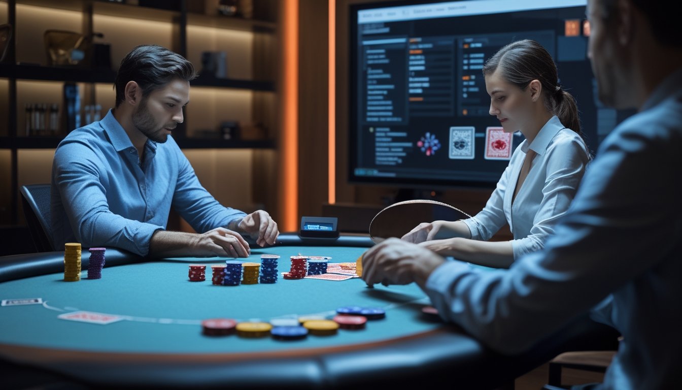 Dua orang dewasa berpakaian rapi bermain kartu di meja poker dengan keping taruhan dan layar digital di latar belakang.