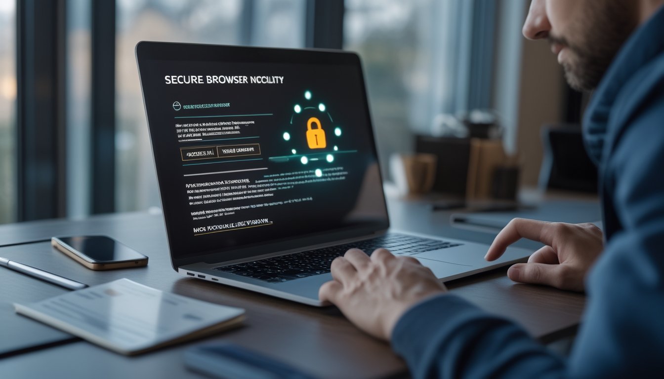 Seseorang menggunakan laptop dengan simbol gembok dan perisai yang menunjukkan keamanan saat mengakses situs poker online.