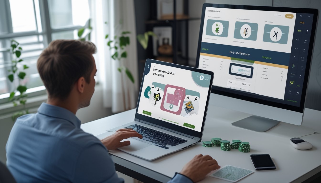 Seseorang mengevaluasi platform poker daring yang aman dan adil melalui laptop dengan simbol verifikasi dan keamanan.