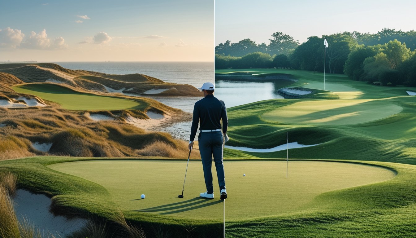 Pegolf berdiri di antara lapangan golf links pesisir yang berangin dan lapangan parkland yang hijau serta rindang.