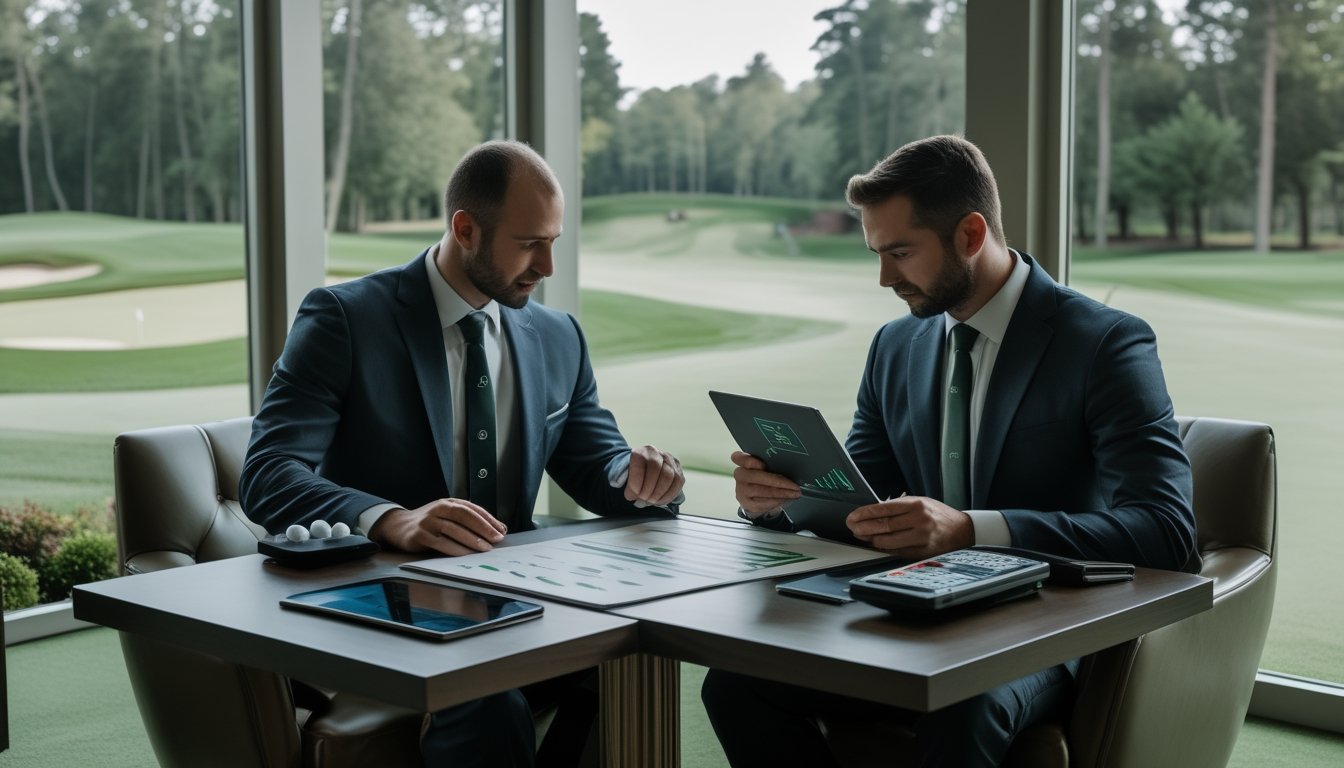 Dua orang menganalisis grafik abstrak di tablet di lounge klub golf dengan perlengkapan golf dan lapangan hijau di latar belakang.