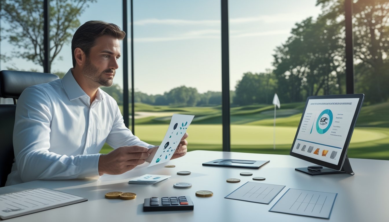 Seorang penggemar golf meninjau simbol promosi dan analisis golf di meja dengan lapangan golf di latar belakang.