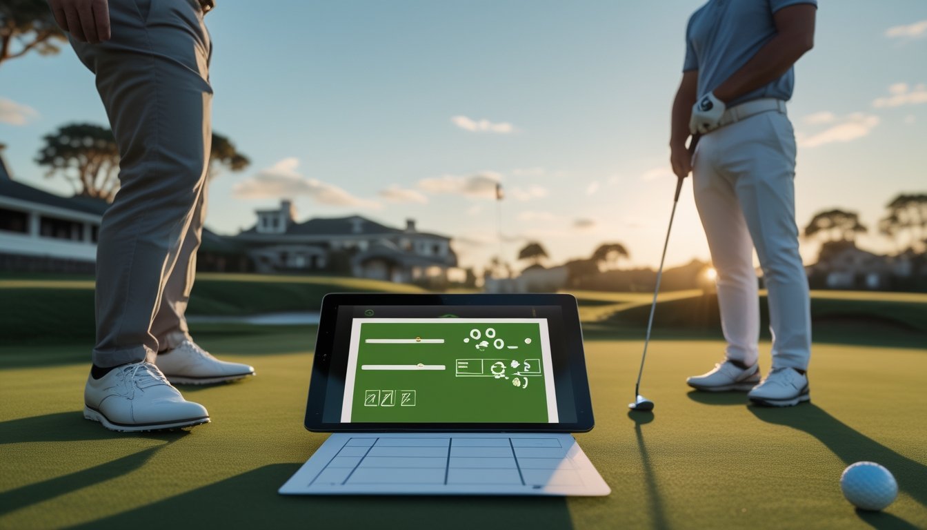 Seorang bettor dan pegolf menganalisis data di tablet di lapangan golf.