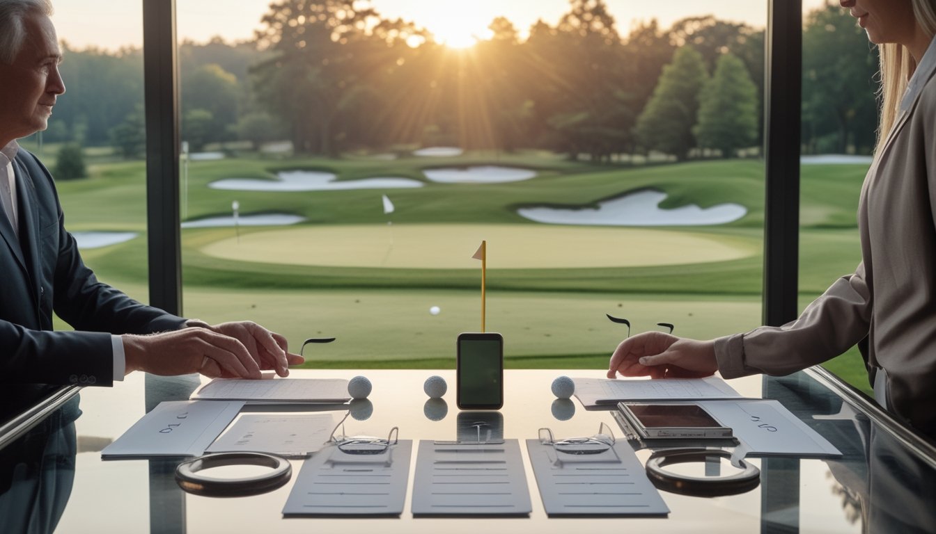 Sekelompok orang membahas kartu skor dan perlengkapan golf di ruang klub dengan lapangan golf terlihat di luar.