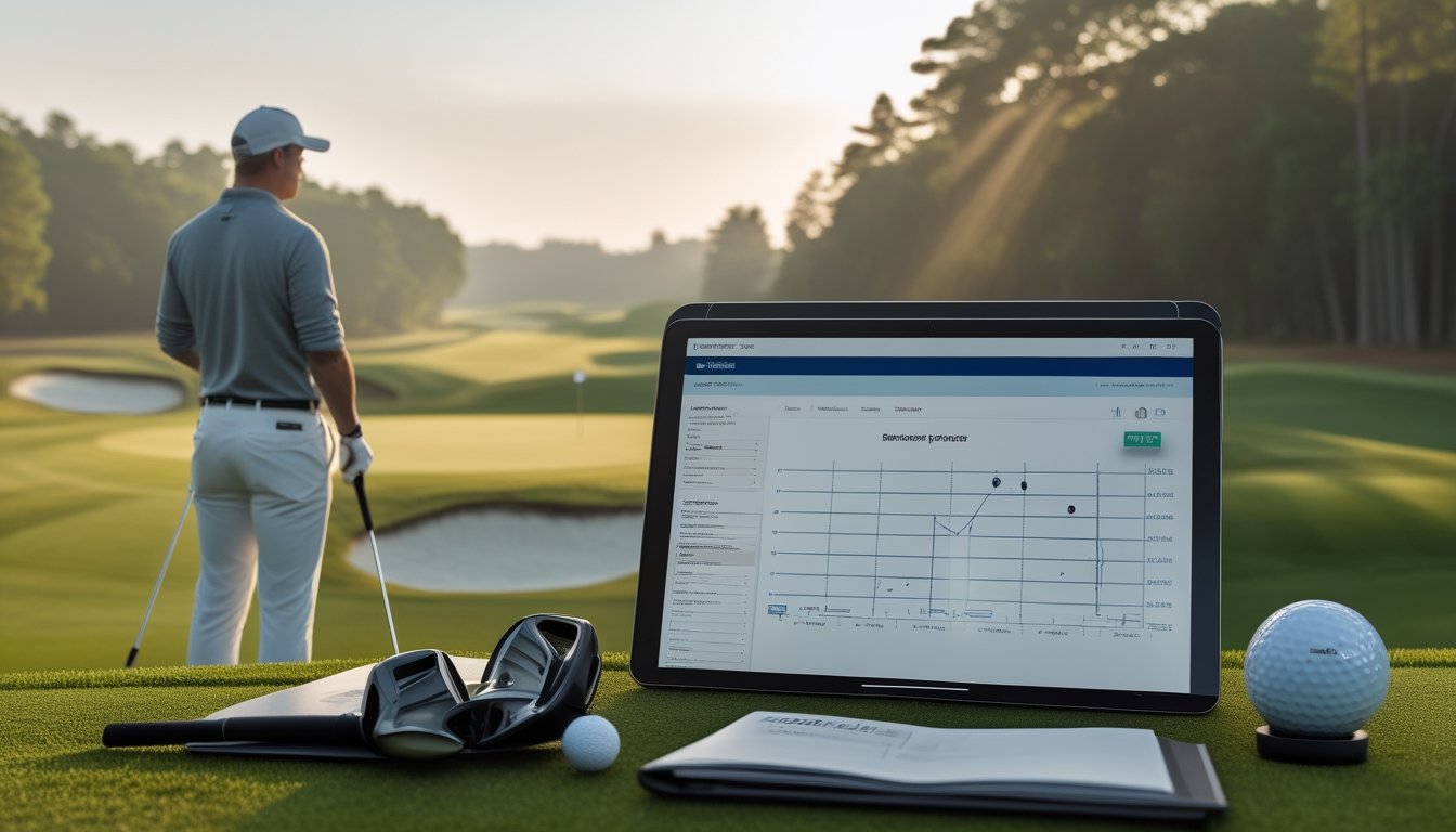 Pegolf profesional menganalisis lapangan golf dengan perlengkapan dan grafik strategi di pagi hari.