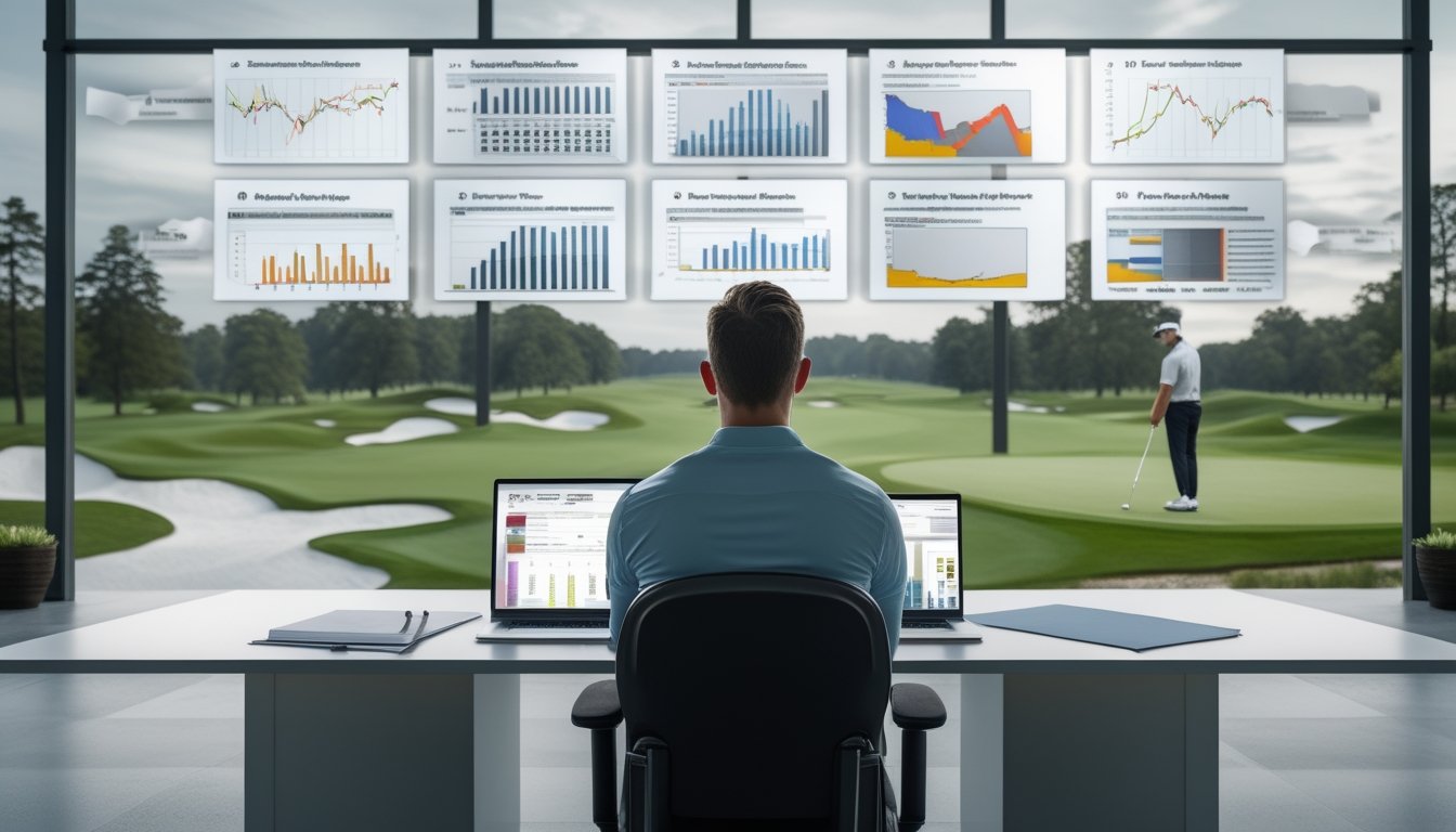 Analis golf meninjau data pemain sambil mengamati lapangan golf dan pegolf yang bersiap melakukan pukulan.