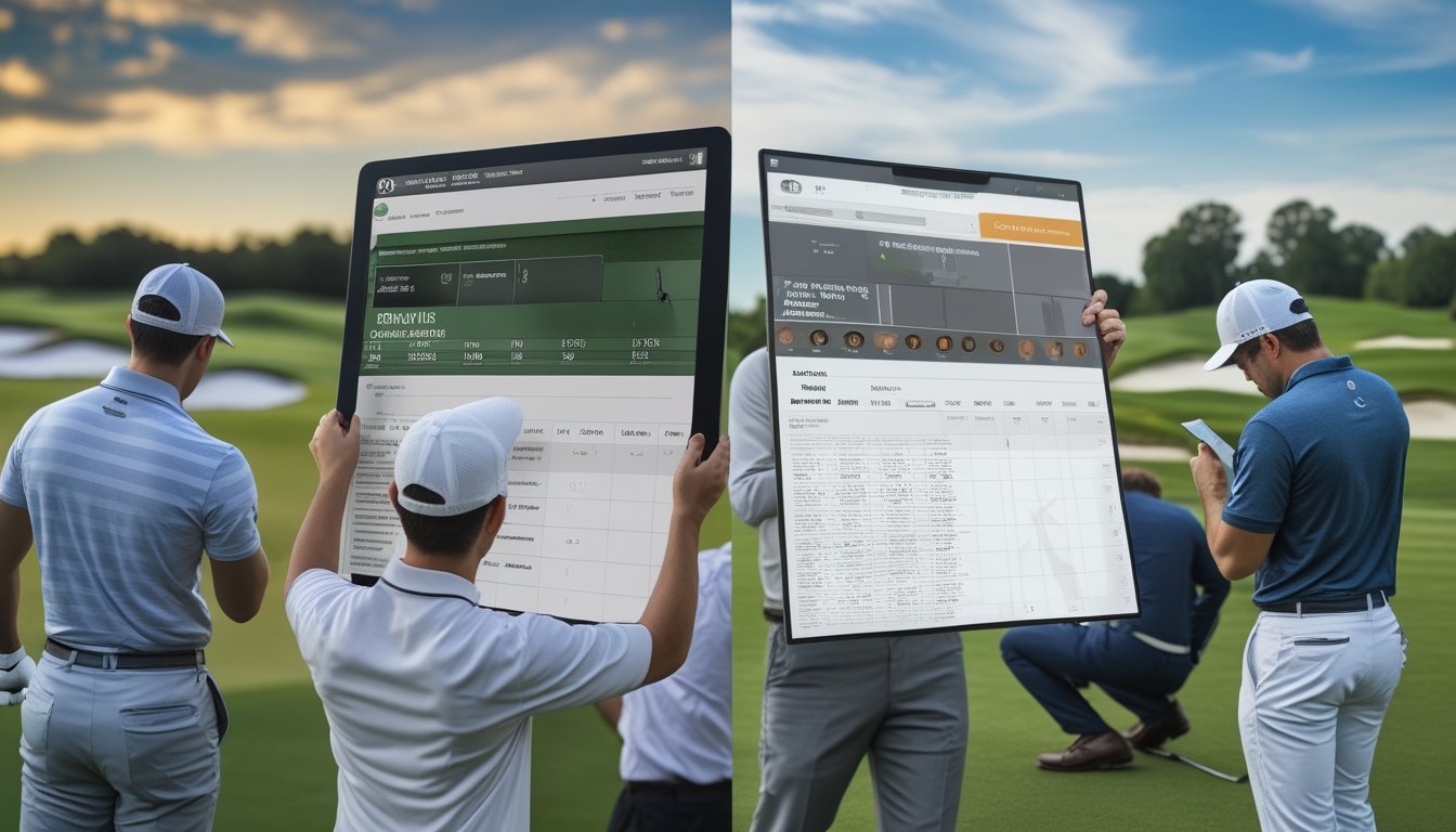 Analis golf membandingkan data dan strategi dua turnamen golf profesional di lapangan hijau.