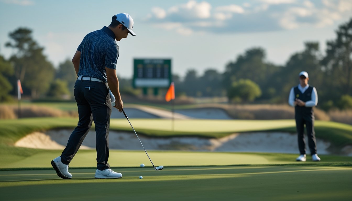 Pegolf tampak fokus menyiapkan pukulan penting di lubang terakhir lapangan golf.