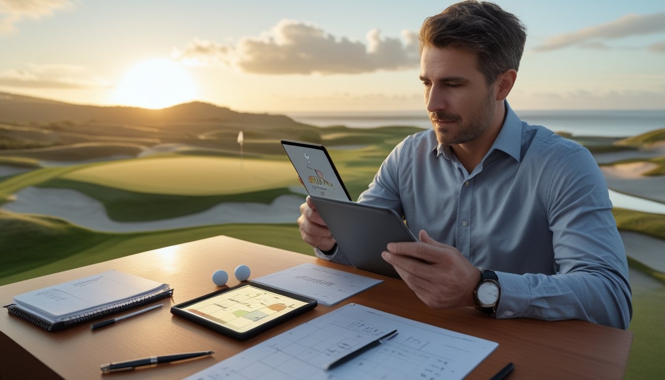 Seorang analis mempelajari data golf di meja dengan latar lapangan golf kejuaraan yang indah.