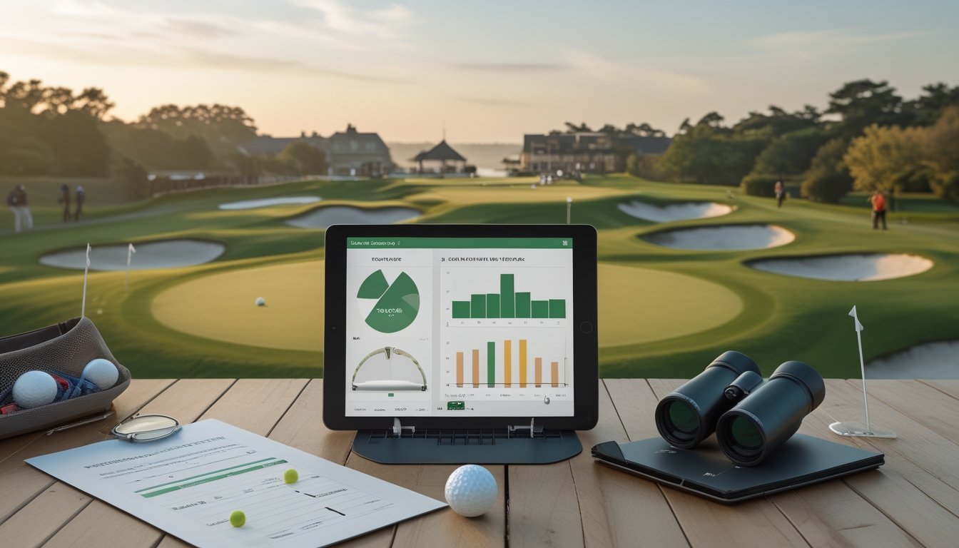 Pegolf menganalisis kartu skor dan grafik sederhana di lapangan golf kejuaraan.