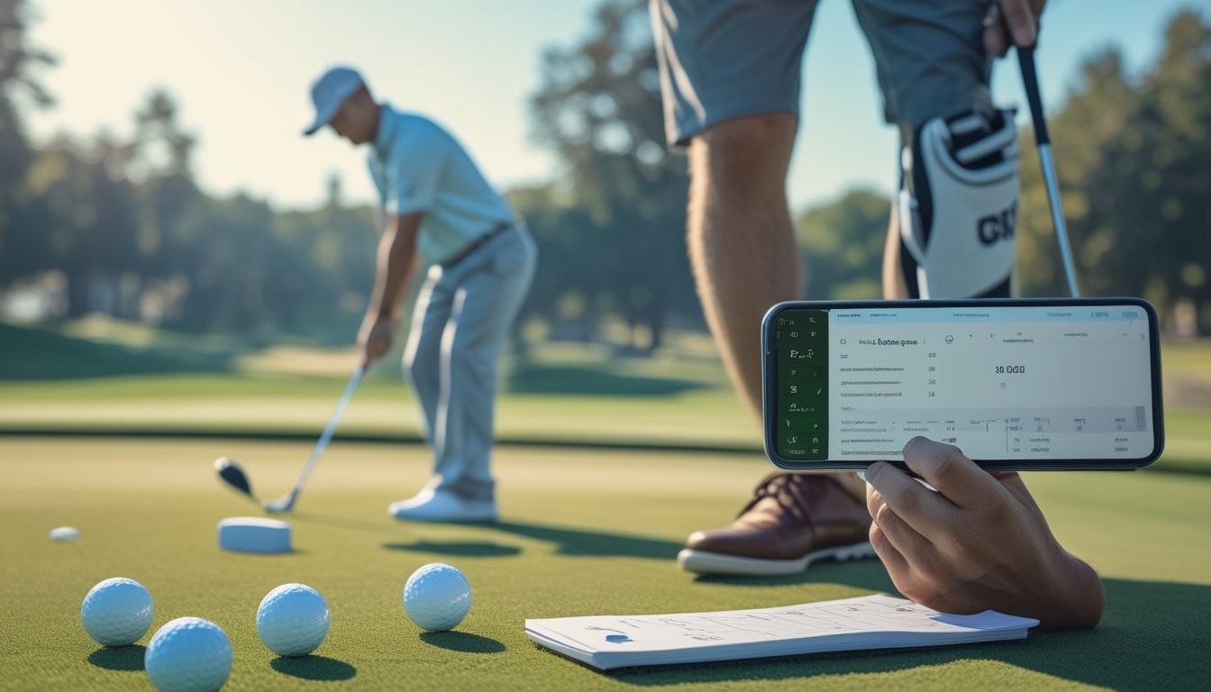 Seorang pegolf pemula tampak bingung melihat ponsel di lapangan golf dengan peralatan yang berserakan.