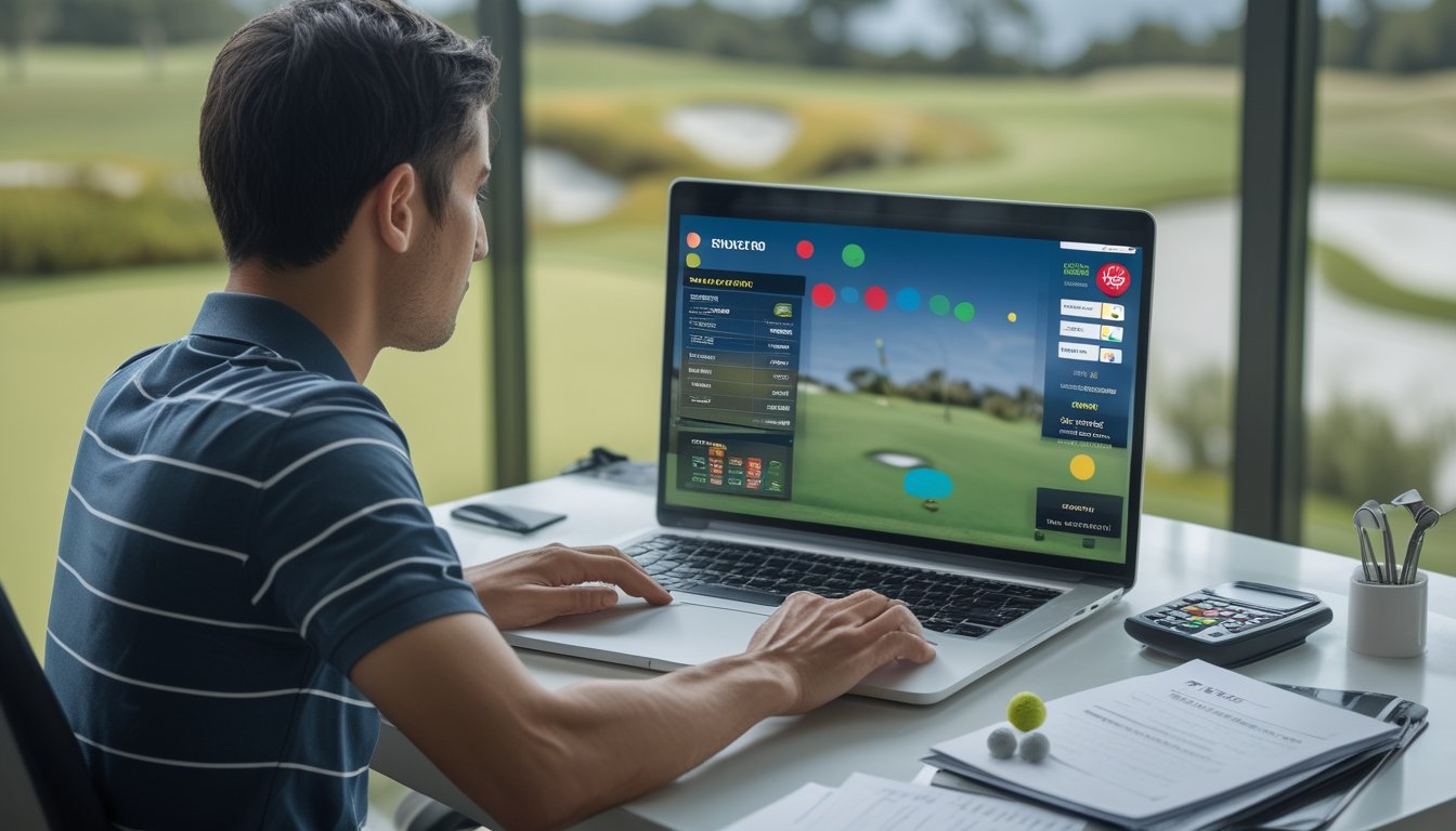 Pemula golf tampak bingung saat memeriksa taruhan golf online di laptop dengan latar lapangan golf.