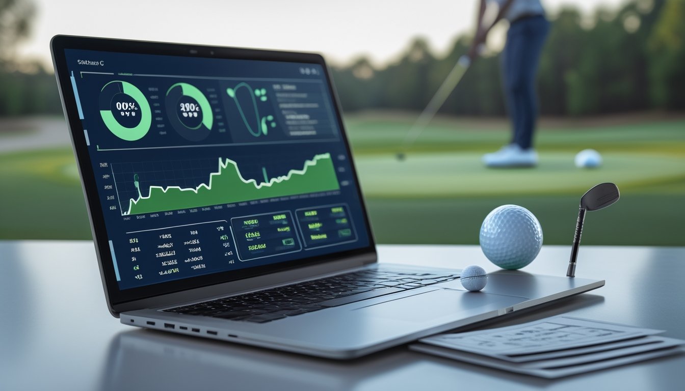 Laptop berisi grafik analisis statistik golf berada di samping perlengkapan golf dengan lapangan golf di latar belakang.